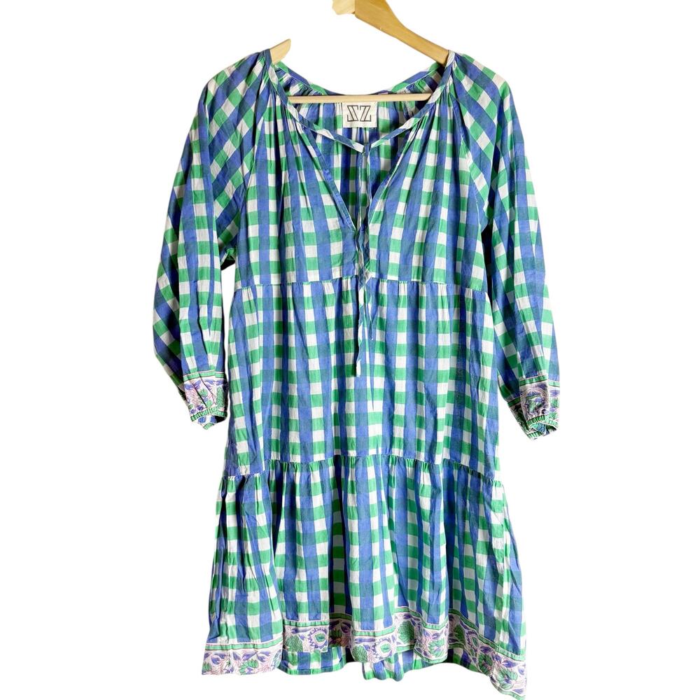 SZ Blockprints Priya Stem Green Blue Gingham Tiered Tie Neck Mini Dress Size M